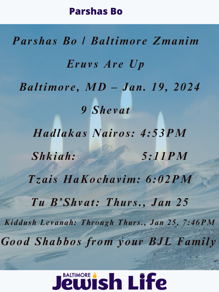 Baltimore Jewish Life Parshas Bo / Baltimore Zmanim / Eruvs Are Up